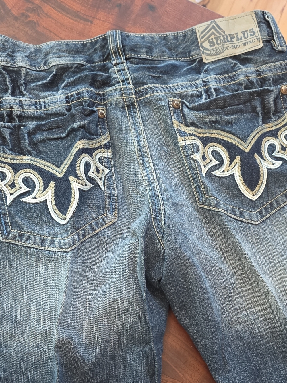 Surplus Men’s Straight Jeans in Washed Blue with Embroidered Pockets